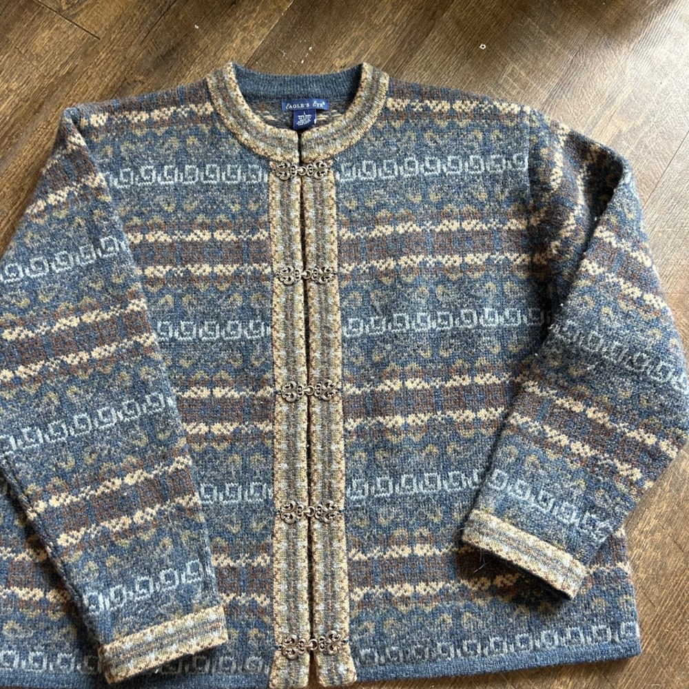 Eagles Eye Nordic Wool Cardigan Blue Fair Isle Metal Clasp Sweater Womens Large